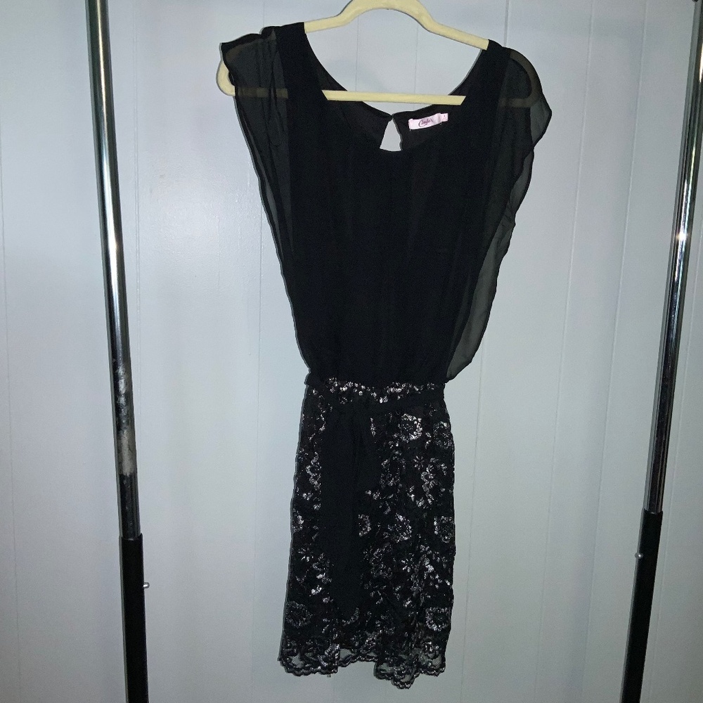 Candies black chiffon cocktail dress lace skirt Sz L blouson waist tie sash prom